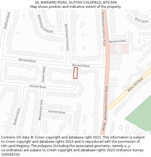 30, BARNARD ROAD, SUTTON COLDFIELD, B75 6AR: Location map and indicative extent of plot