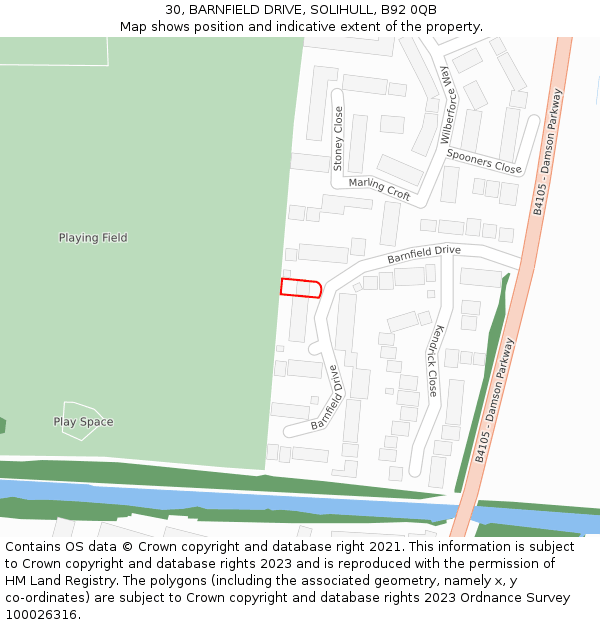 30, BARNFIELD DRIVE, SOLIHULL, B92 0QB: Location map and indicative extent of plot