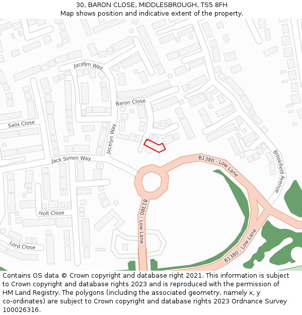 30, BARON CLOSE, MIDDLESBROUGH, TS5 8FH: Location map and indicative extent of plot