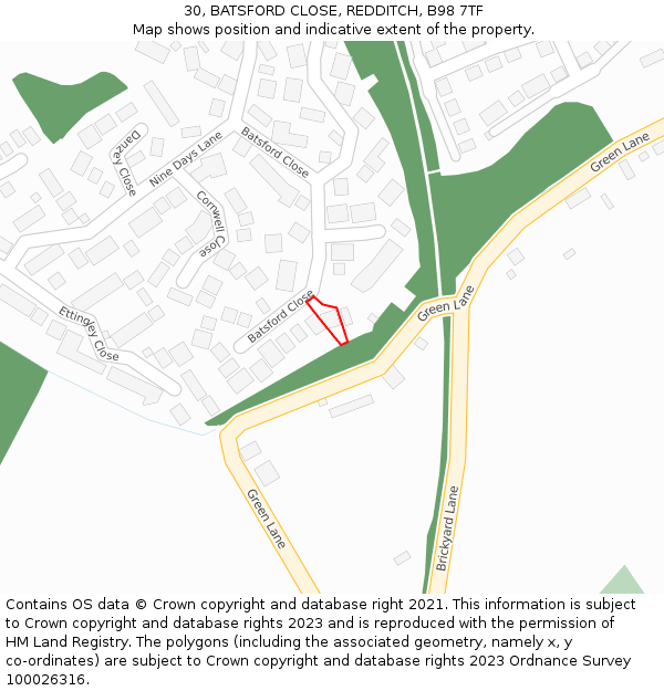 30, BATSFORD CLOSE, REDDITCH, B98 7TF: Location map and indicative extent of plot