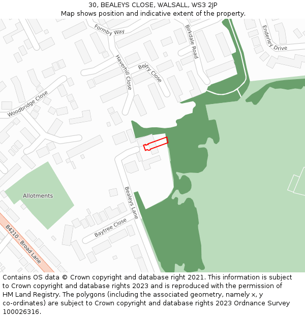 30, BEALEYS CLOSE, WALSALL, WS3 2JP: Location map and indicative extent of plot