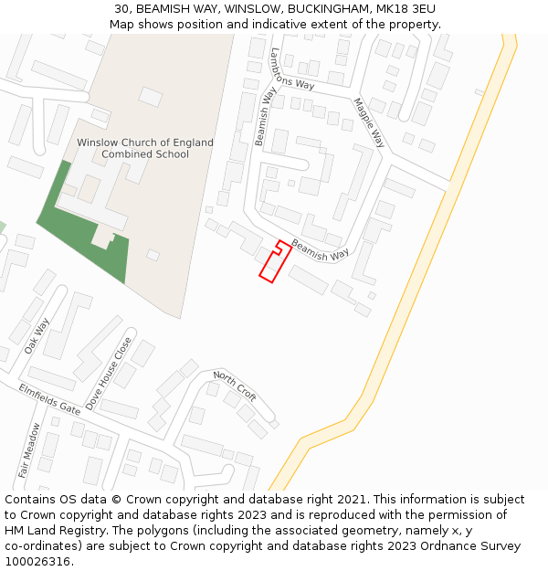 30, BEAMISH WAY, WINSLOW, BUCKINGHAM, MK18 3EU: Location map and indicative extent of plot