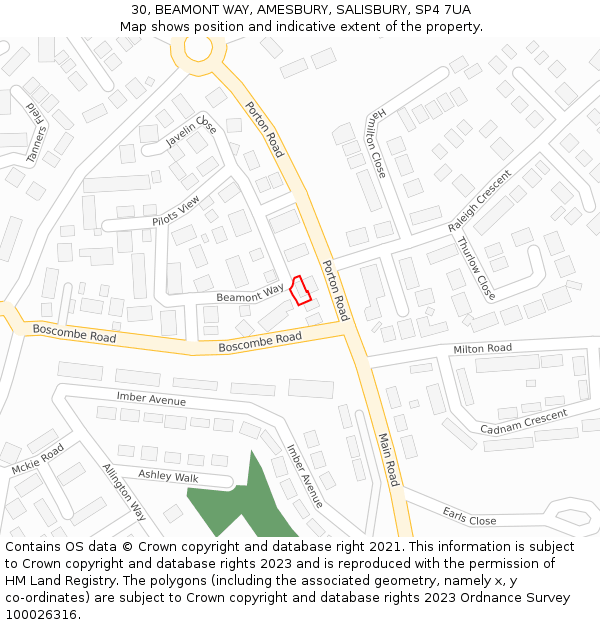30, BEAMONT WAY, AMESBURY, SALISBURY, SP4 7UA: Location map and indicative extent of plot