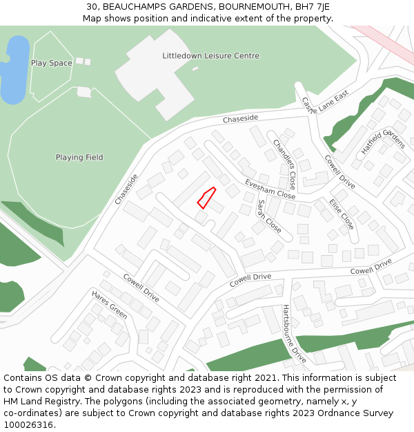 30, BEAUCHAMPS GARDENS, BOURNEMOUTH, BH7 7JE: Location map and indicative extent of plot