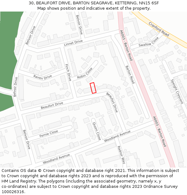 30, BEAUFORT DRIVE, BARTON SEAGRAVE, KETTERING, NN15 6SF: Location map and indicative extent of plot