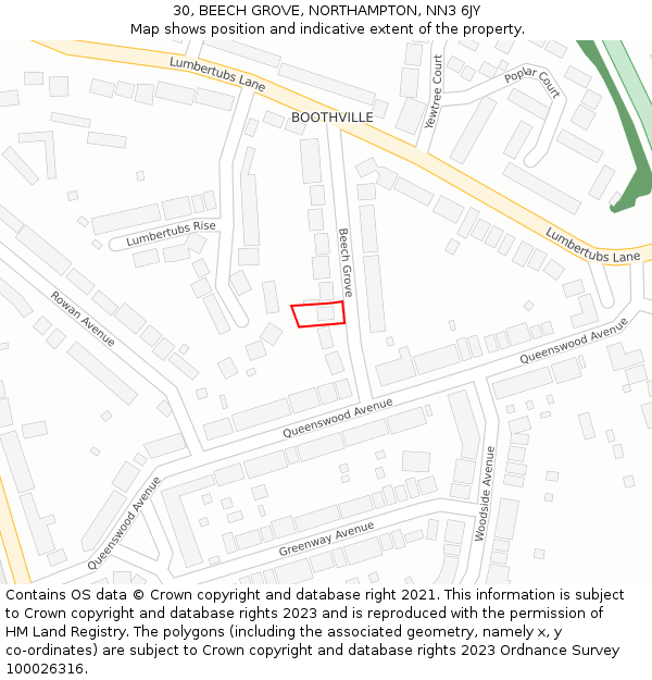 30, BEECH GROVE, NORTHAMPTON, NN3 6JY: Location map and indicative extent of plot