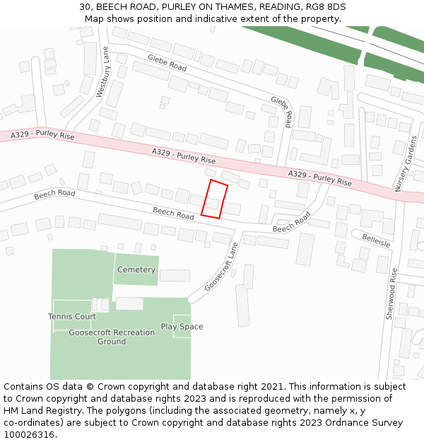 30, BEECH ROAD, PURLEY ON THAMES, READING, RG8 8DS: Location map and indicative extent of plot