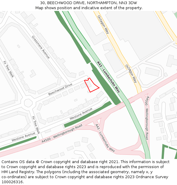 30, BEECHWOOD DRIVE, NORTHAMPTON, NN3 3DW: Location map and indicative extent of plot