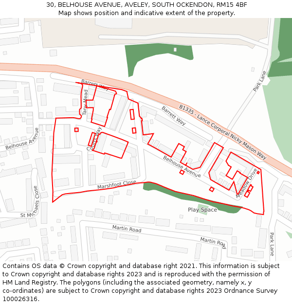 30, BELHOUSE AVENUE, AVELEY, SOUTH OCKENDON, RM15 4BF: Location map and indicative extent of plot