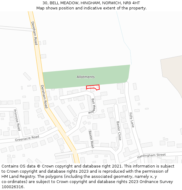 30, BELL MEADOW, HINGHAM, NORWICH, NR9 4HT: Location map and indicative extent of plot