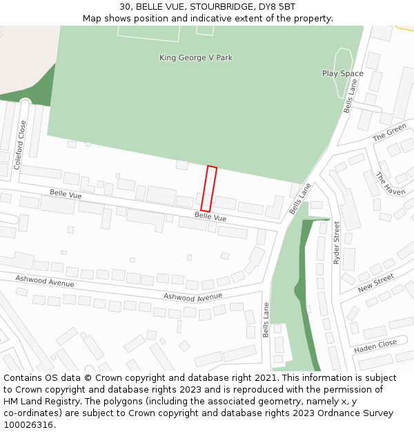 30, BELLE VUE, STOURBRIDGE, DY8 5BT: Location map and indicative extent of plot