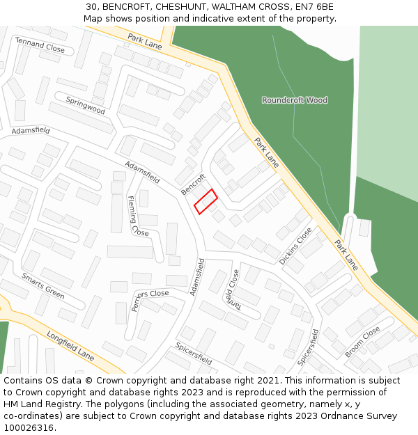 30, BENCROFT, CHESHUNT, WALTHAM CROSS, EN7 6BE: Location map and indicative extent of plot