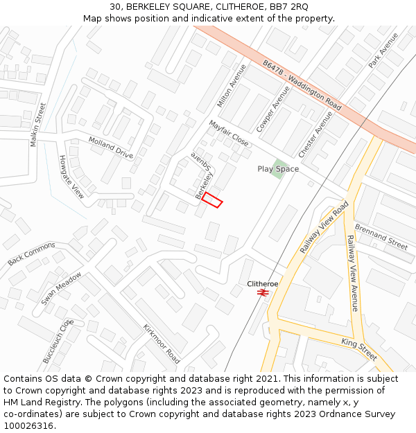 30, BERKELEY SQUARE, CLITHEROE, BB7 2RQ: Location map and indicative extent of plot
