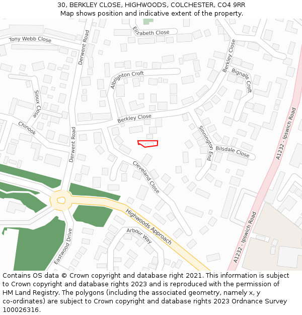 30, BERKLEY CLOSE, HIGHWOODS, COLCHESTER, CO4 9RR: Location map and indicative extent of plot