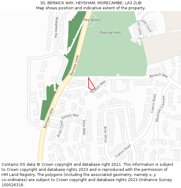 30, BERWICK WAY, HEYSHAM, MORECAMBE, LA3 2UB: Location map and indicative extent of plot