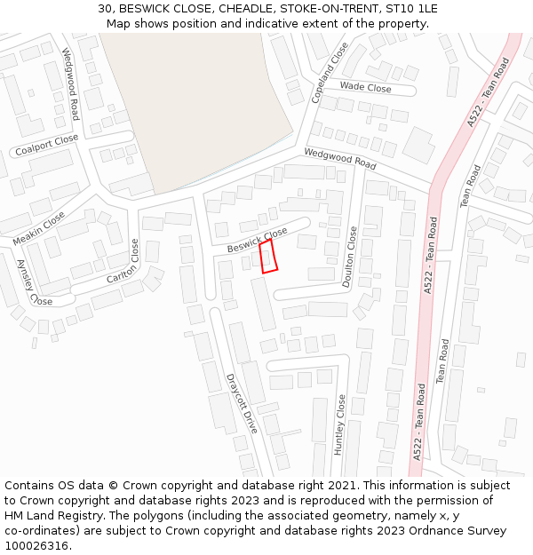 30, BESWICK CLOSE, CHEADLE, STOKE-ON-TRENT, ST10 1LE: Location map and indicative extent of plot