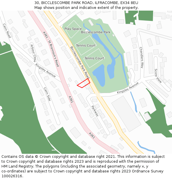 30, BICCLESCOMBE PARK ROAD, ILFRACOMBE, EX34 8EU: Location map and indicative extent of plot