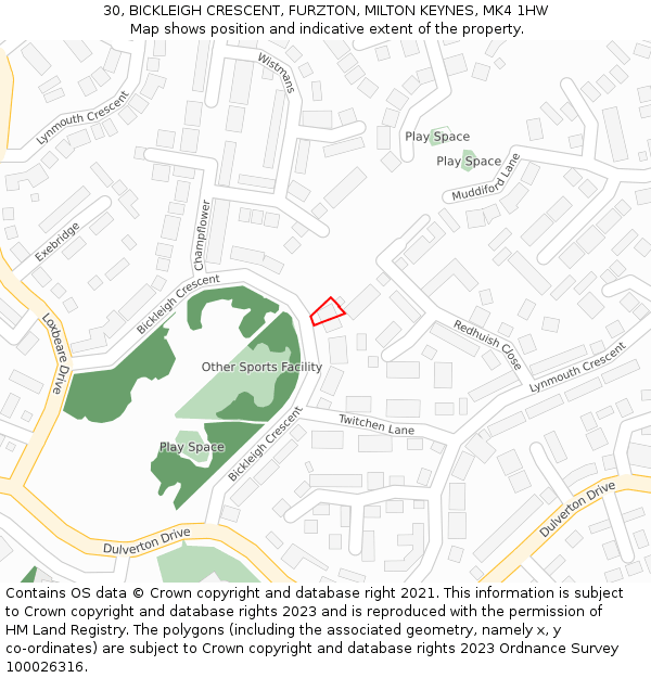 30, BICKLEIGH CRESCENT, FURZTON, MILTON KEYNES, MK4 1HW: Location map and indicative extent of plot