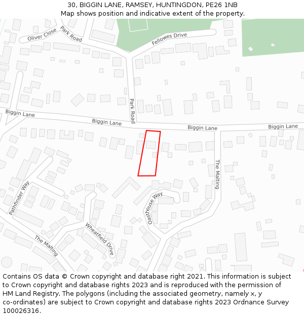 30, BIGGIN LANE, RAMSEY, HUNTINGDON, PE26 1NB: Location map and indicative extent of plot