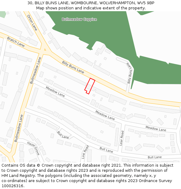 30, BILLY BUNS LANE, WOMBOURNE, WOLVERHAMPTON, WV5 9BP: Location map and indicative extent of plot