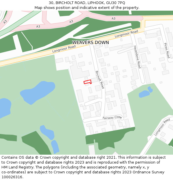 30, BIRCHOLT ROAD, LIPHOOK, GU30 7PQ: Location map and indicative extent of plot