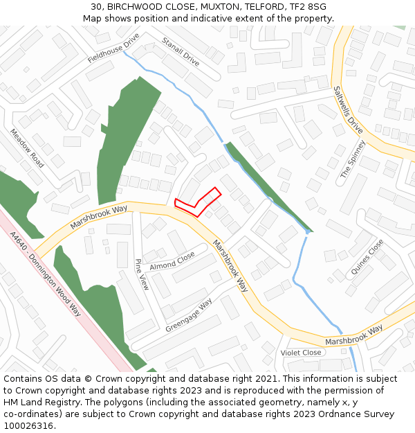 30, BIRCHWOOD CLOSE, MUXTON, TELFORD, TF2 8SG: Location map and indicative extent of plot