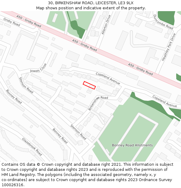 30, BIRKENSHAW ROAD, LEICESTER, LE3 9LX: Location map and indicative extent of plot