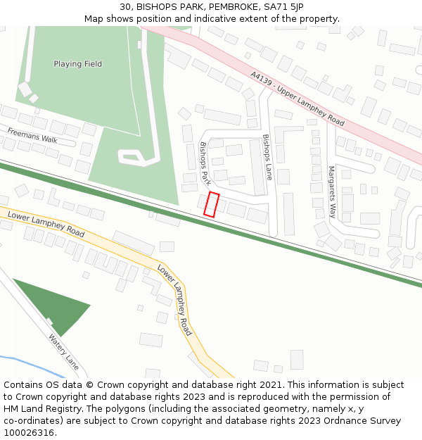 30, BISHOPS PARK, PEMBROKE, SA71 5JP: Location map and indicative extent of plot