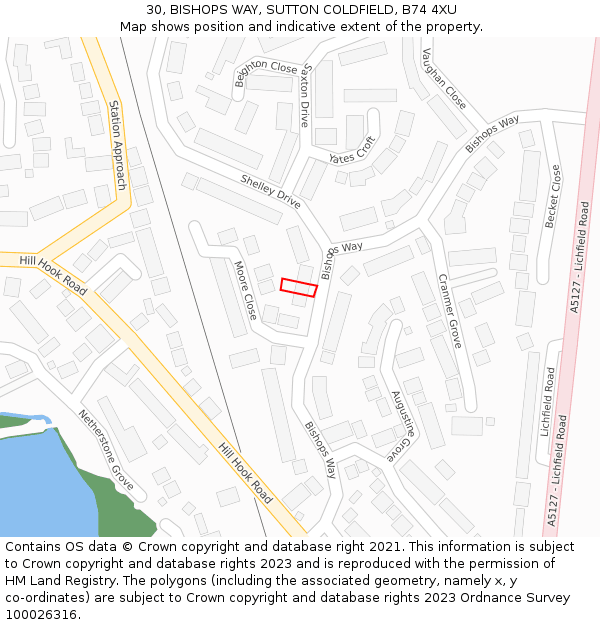 30, BISHOPS WAY, SUTTON COLDFIELD, B74 4XU: Location map and indicative extent of plot