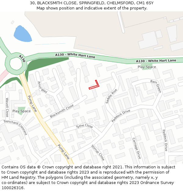 30, BLACKSMITH CLOSE, SPRINGFIELD, CHELMSFORD, CM1 6SY: Location map and indicative extent of plot