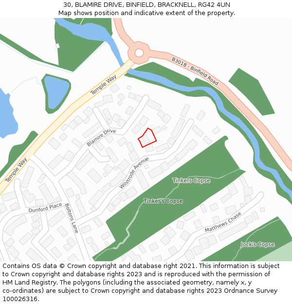 30, BLAMIRE DRIVE, BINFIELD, BRACKNELL, RG42 4UN: Location map and indicative extent of plot