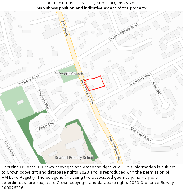 30, BLATCHINGTON HILL, SEAFORD, BN25 2AL: Location map and indicative extent of plot