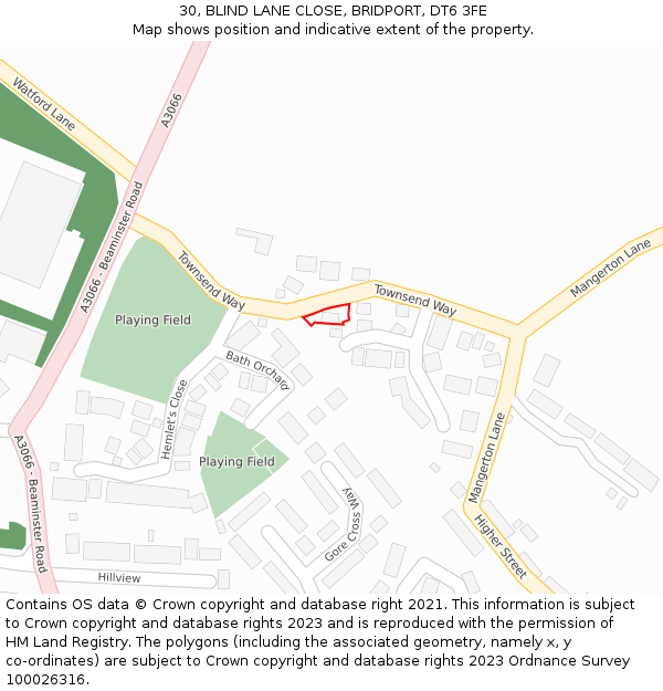 30, BLIND LANE CLOSE, BRIDPORT, DT6 3FE: Location map and indicative extent of plot