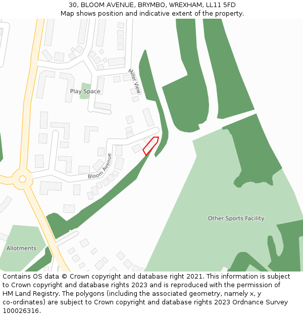 30, BLOOM AVENUE, BRYMBO, WREXHAM, LL11 5FD: Location map and indicative extent of plot