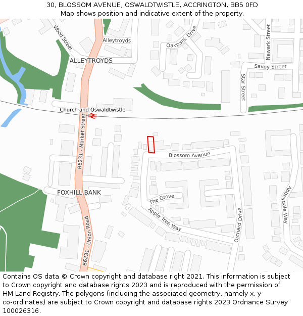 30, BLOSSOM AVENUE, OSWALDTWISTLE, ACCRINGTON, BB5 0FD: Location map and indicative extent of plot