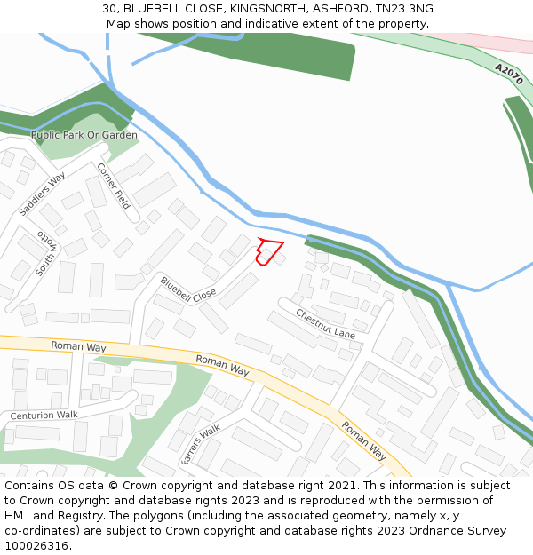 30, BLUEBELL CLOSE, KINGSNORTH, ASHFORD, TN23 3NG: Location map and indicative extent of plot