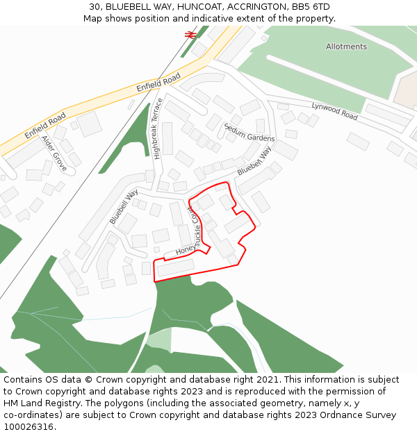 30, BLUEBELL WAY, HUNCOAT, ACCRINGTON, BB5 6TD: Location map and indicative extent of plot