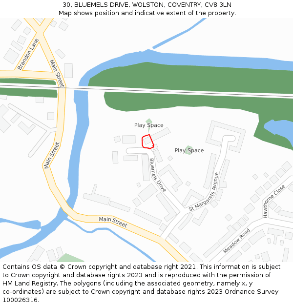 30, BLUEMELS DRIVE, WOLSTON, COVENTRY, CV8 3LN: Location map and indicative extent of plot