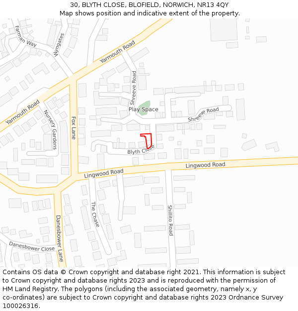 30, BLYTH CLOSE, BLOFIELD, NORWICH, NR13 4QY: Location map and indicative extent of plot