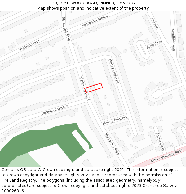 30, BLYTHWOOD ROAD, PINNER, HA5 3QG: Location map and indicative extent of plot