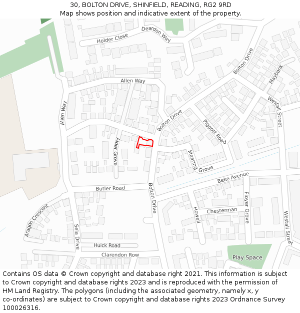 30, BOLTON DRIVE, SHINFIELD, READING, RG2 9RD: Location map and indicative extent of plot