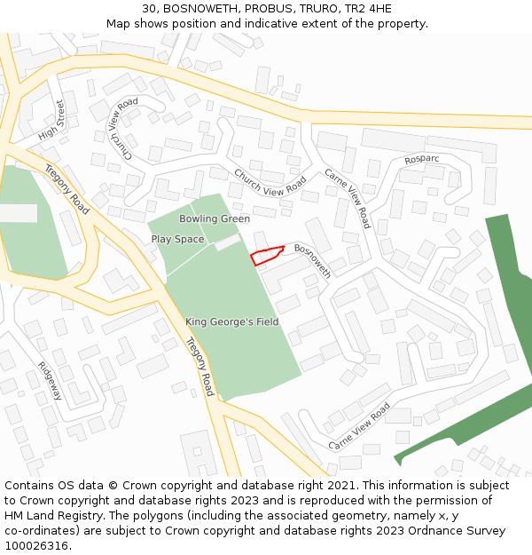 30, BOSNOWETH, PROBUS, TRURO, TR2 4HE: Location map and indicative extent of plot