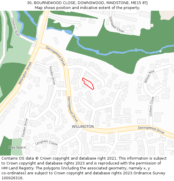 30, BOURNEWOOD CLOSE, DOWNSWOOD, MAIDSTONE, ME15 8TJ: Location map and indicative extent of plot