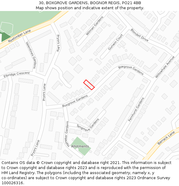 30, BOXGROVE GARDENS, BOGNOR REGIS, PO21 4BB: Location map and indicative extent of plot