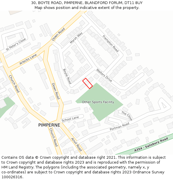 30, BOYTE ROAD, PIMPERNE, BLANDFORD FORUM, DT11 8UY: Location map and indicative extent of plot