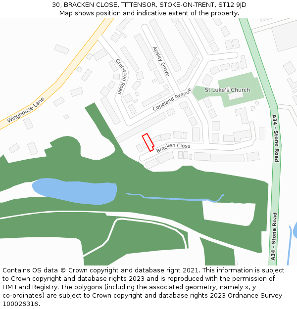 30, BRACKEN CLOSE, TITTENSOR, STOKE-ON-TRENT, ST12 9JD: Location map and indicative extent of plot