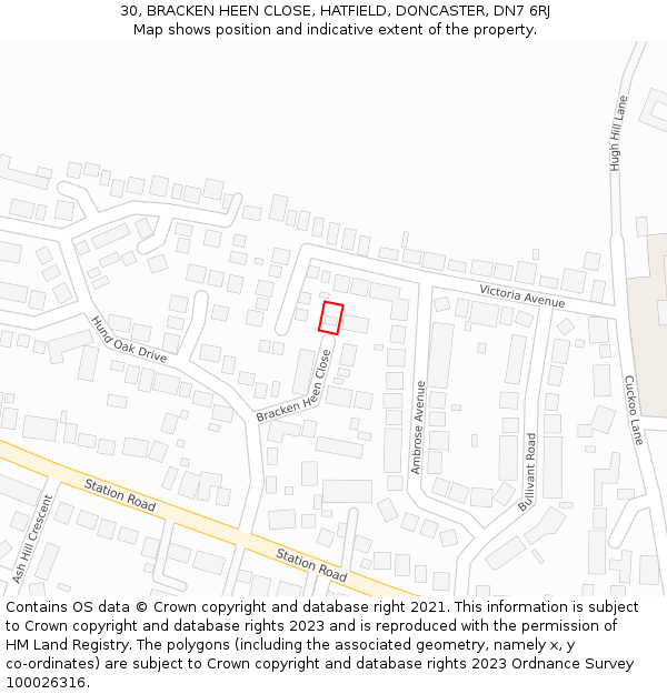 30, BRACKEN HEEN CLOSE, HATFIELD, DONCASTER, DN7 6RJ: Location map and indicative extent of plot