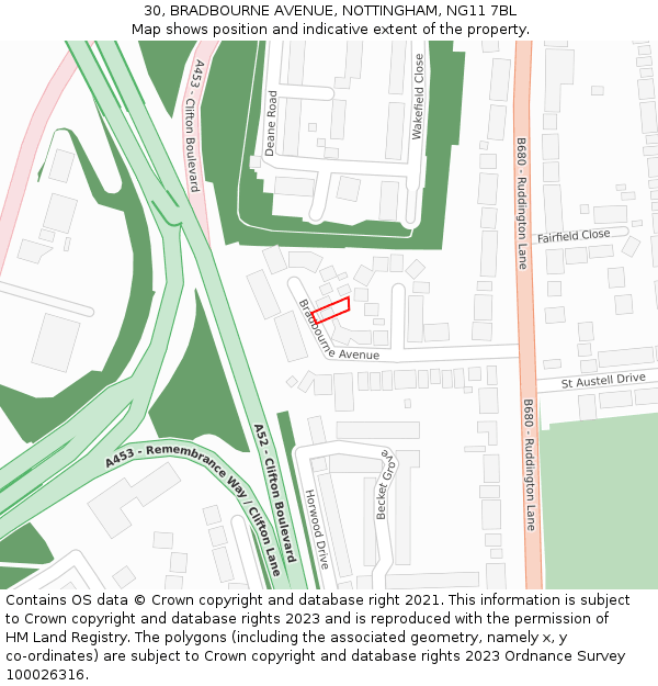 30, BRADBOURNE AVENUE, NOTTINGHAM, NG11 7BL: Location map and indicative extent of plot