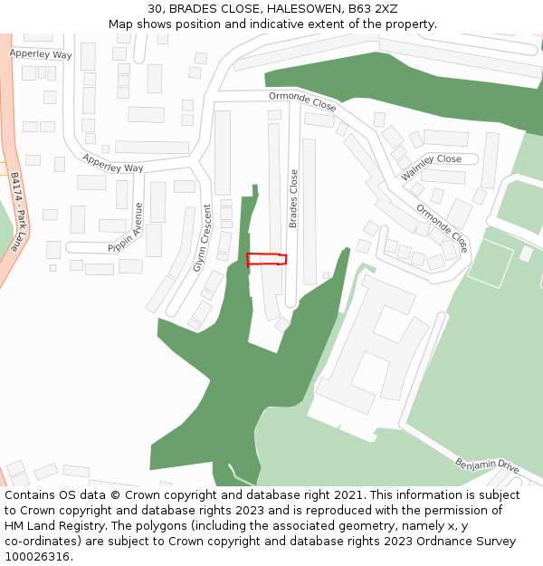 30, BRADES CLOSE, HALESOWEN, B63 2XZ: Location map and indicative extent of plot