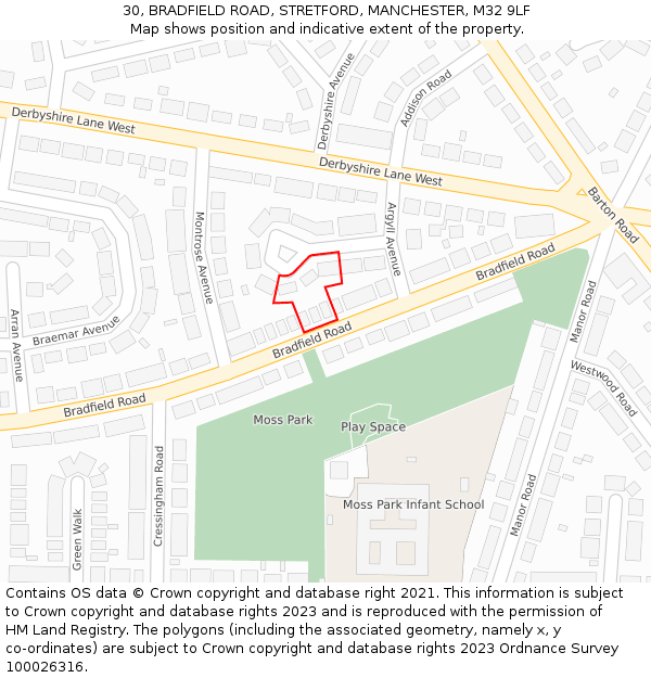 30, BRADFIELD ROAD, STRETFORD, MANCHESTER, M32 9LF: Location map and indicative extent of plot
